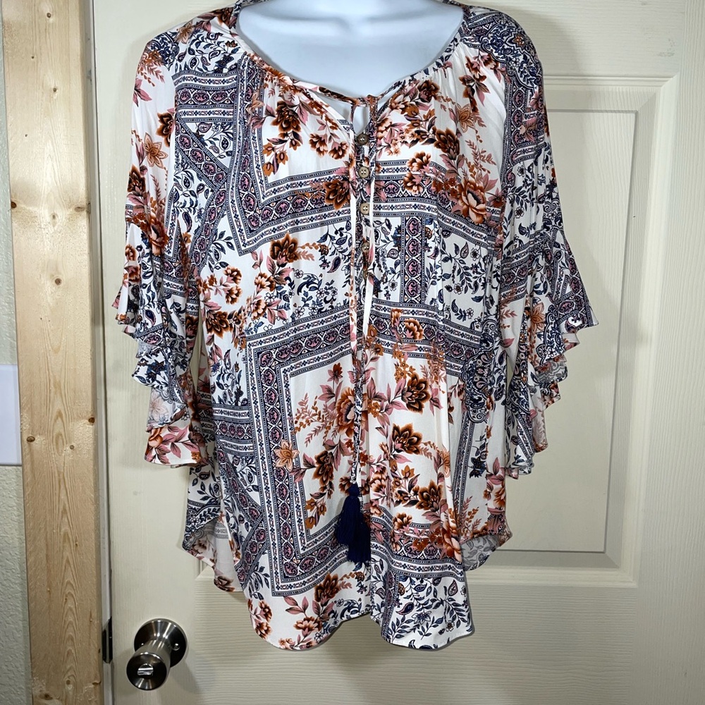 Boho Floral‎ Women's Blouse - Blue and Orange